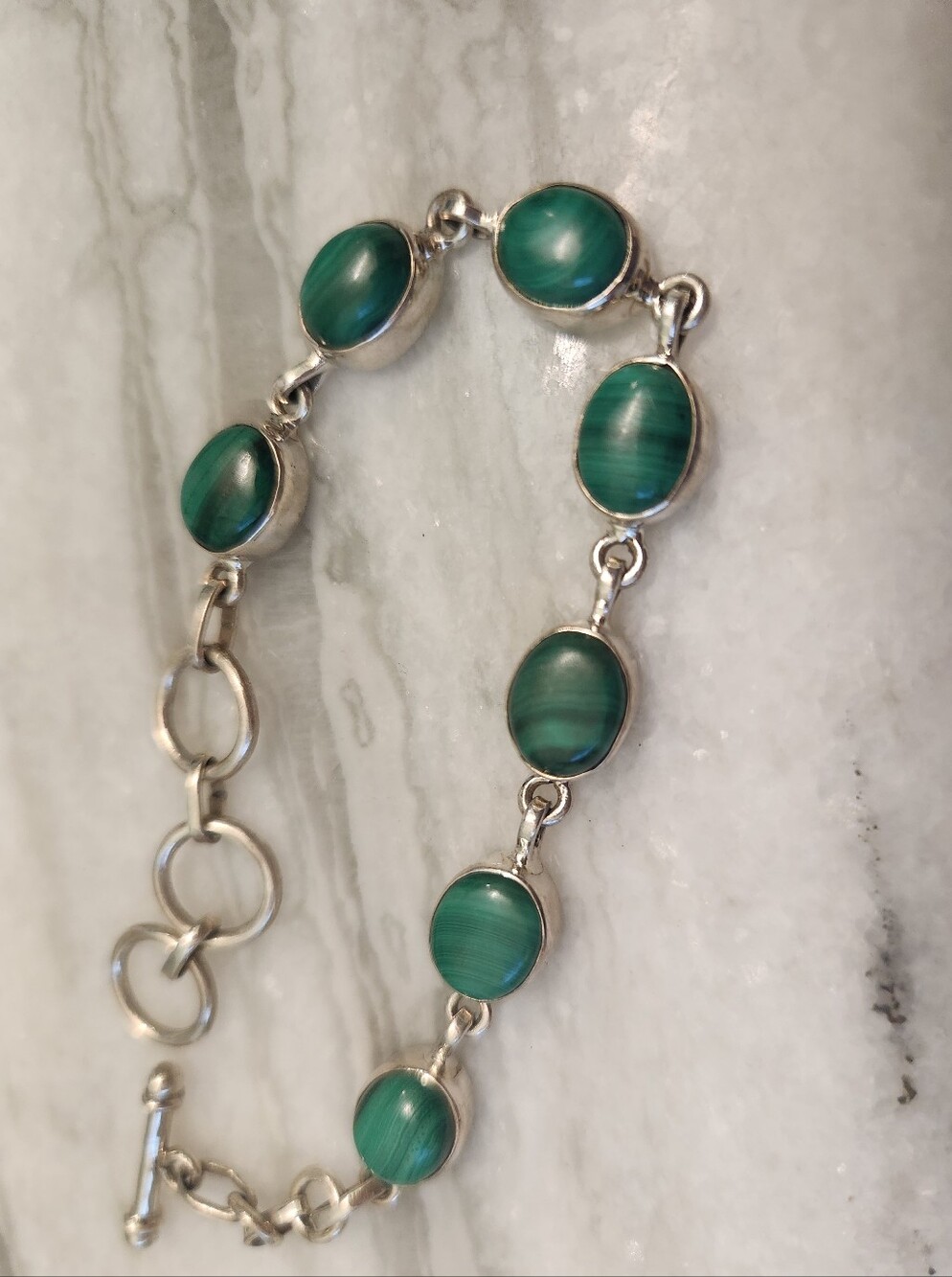 Green Malachite Oval Stone Silver Link Bracelet, 925 Sterling, Adjustable - Picture 3 of 5
